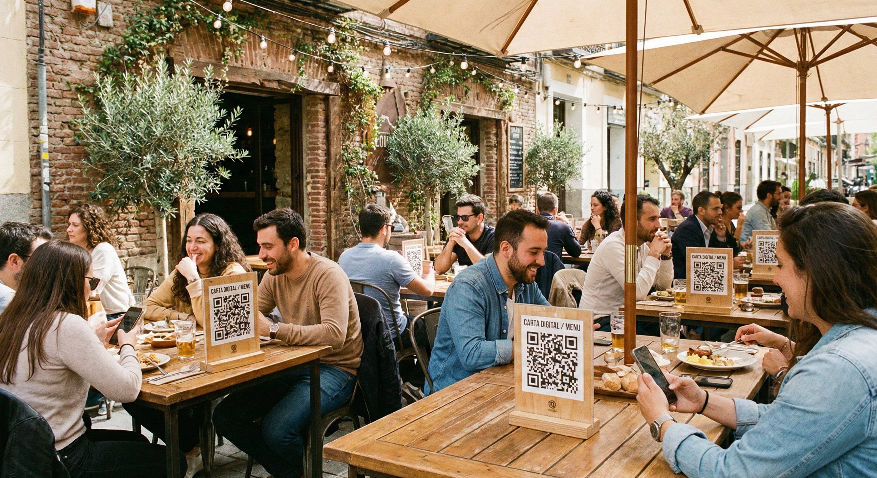Persona escaneando código QR en mesa de restaurante con el móvil