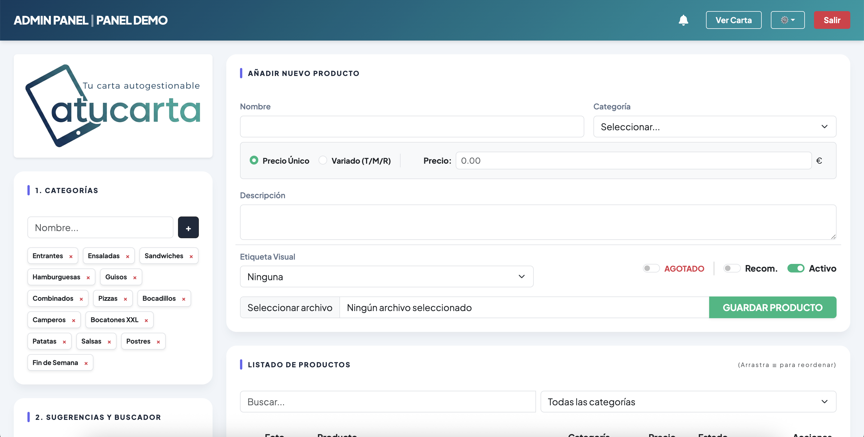 Captura del panel de control
